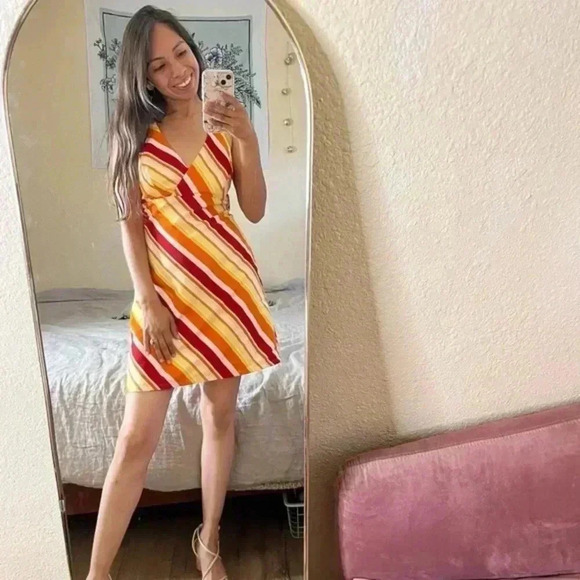 Reversible halter dress y2k striped floral vintage Hawaiian striped mini - Picture 1 of 7